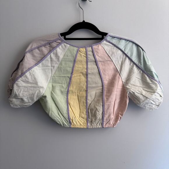 New Storia Linen Crop Top Multicolor Round Neck Pullover Short Sleeve Sz S - Picture 8 of 8